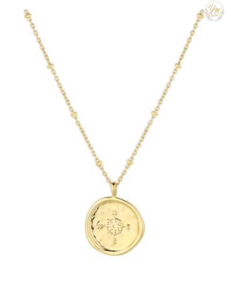 18k Gold Plated Compass Coin Pendant Necklace, 17-19 Inch Adjustable Chain